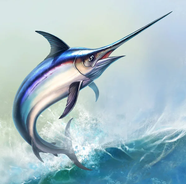 Schwertfisch Vor Dem Hintergrund Der Meereswellen Marlin Springt Aus Dem — Stockfoto