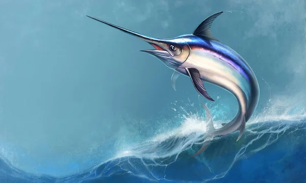 Striped Marlin Sea Fish Sword Realistic Isolated Illustration Fish Sailboat — Stock Photo, Image