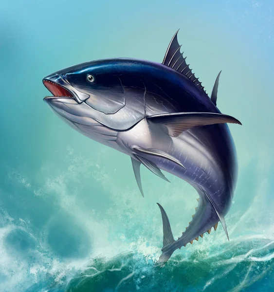 Tuna Fish Fast Motion Realistic Black Fin Tuna Blue — Stock Photo, Image