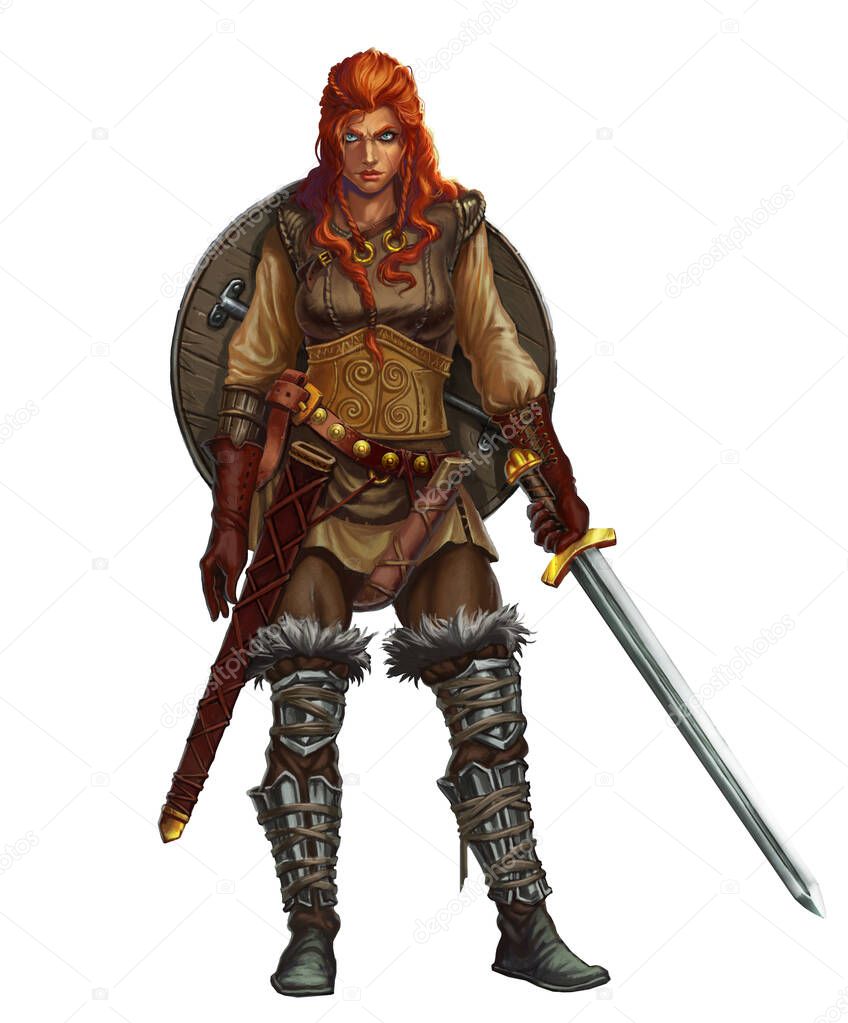 Girl viking fighter with sword and shield and red hair smiling. Realistic isolated illustration.