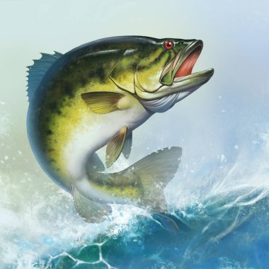 Largemouth Bass gerçekçi bir resimden fırlıyor. Hafta sonları Amerika 'da nehirde ya da gölde balık tutuyorlar. Güneşli bir göl dalgasının kare arkaplan hareketli versiyonu