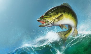 Largemouth Bass gerçekçi bir resimden fırlıyor. Amerika 'da nehir ya da gölde balık tutan büyük levrek. Metin için deniz dalgası güneşli gün mekanının yatay arkaplan mobil sürümü.
