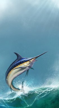 Büyük siyah kılıçbalığı deniz dalgalarının arka plan dikey mobil versiyonunu atlamış. Kara Kılıçbalığı açık denizlerde aşırı avlanır. Tropiklerde ve hobilerde tatiller.