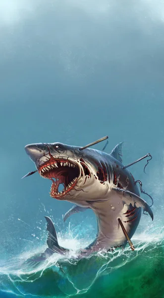 Grote Witte Haai Zombie Aanvallen Een Sprong Een Gigantische Zombie — Stockfoto