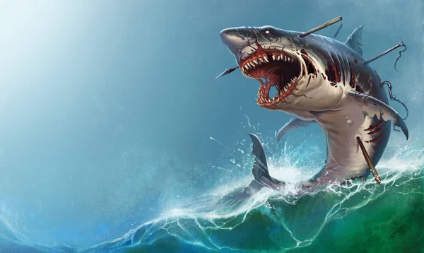 Большая Белая Акула Зомби Нападает Прыжке Гигантская Зомби Акула Атакует — стоковое фото