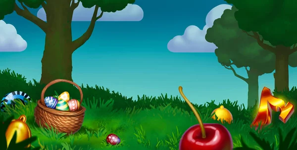 芝生と青空とイースター緑の森 卵とウィッカーバスケット カジノ要素チェリーレモンと金のイラストアートの背景で作られたTsyraキャノピー — ストック写真