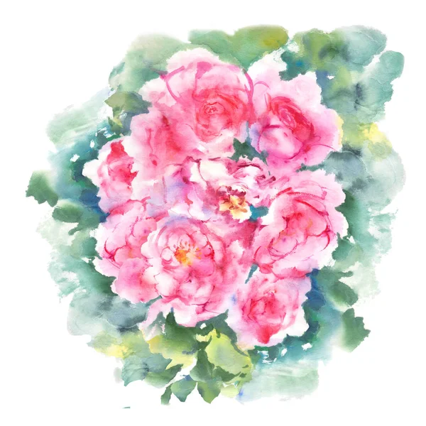 Roze Rozen Met Groene Bladeren Aquarel Illustratie Chinese Kunst Schilderij — Stockfoto