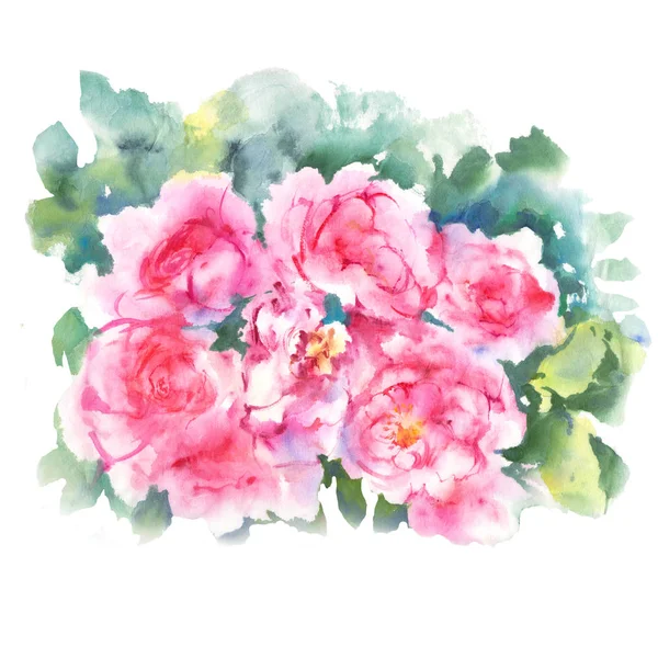 Pink Roses Green Leaves Watercolor Illustration Chinese Art Painting — Stock Photo, Image