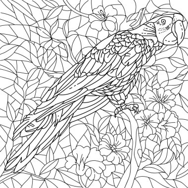 Yeşil tropikal orman renk stok vektör illustrstion kitap, sayfa ve mozaik boyama için ara papağan