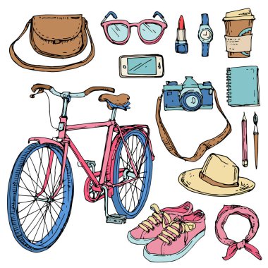 Yaz seyahat etmek sokak koleksiyonu kümesi: retro bisikleti, kamera, çanta, güneş gözlüğü, şapka, telefon, spor ayakkabı, defter, kahve. Hat sanatı elle çizilmiş kroki hisse senedi vektör çizim