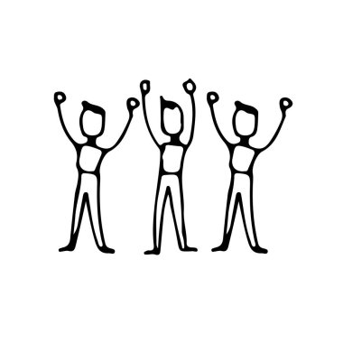Ellerini havaya kaldır ve triumphhand çizilmiş doodle hat sanat vektör kroki simge tasarlamak beyaz arka plan üzerinde insanlar takım kaldırdı