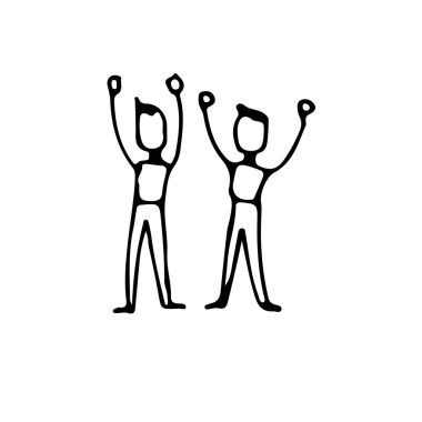 Ellerini havaya kaldır ve zafer elle çizilmiş doodle satır sanat vektör çizimi simge tasarlamak beyaz arka plan üzerinde iki kişi kaldırdı