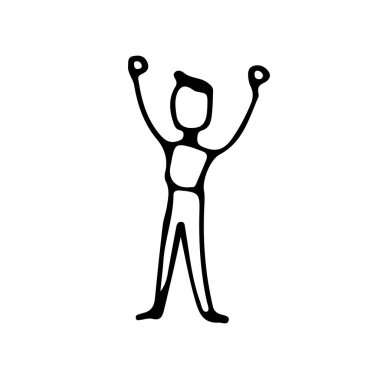 Adam ellerini kaldırdı ve zafer çizilmiş doodle hat sanat vektör çizimi simge tasarlamak beyaz arka plan üzerinde el