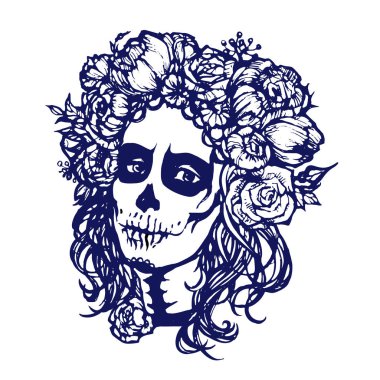 Santa Muerte kadın makyaj. Şeker kafatası kız yüz çiçek çelenk ile. Elle çizilmiş vektör çizim, dövme kroki