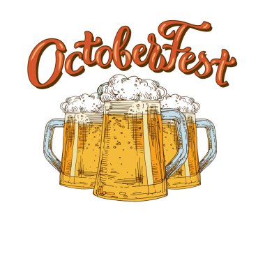 Cam bardağı bira köpük ve yazı metni Octoberfest jn beyaz arka plan ile. Çizilmiş çizgiyi sanat hisse senedi vektör çizim el.