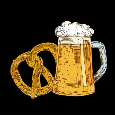 Cam bardak bira köpük ve siyah arka plan üzerine çubuk kraker. Çizilmiş çizgiyi sanat hisse senedi vektör çizim el.