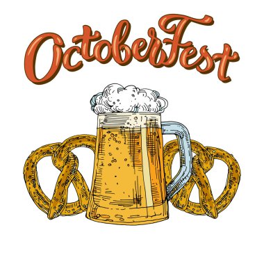 Cam bardak bira ile köpük, simit ve hat metin Octoberfest. Çizilmiş çizgiyi sanat hisse senedi vektör çizim el.