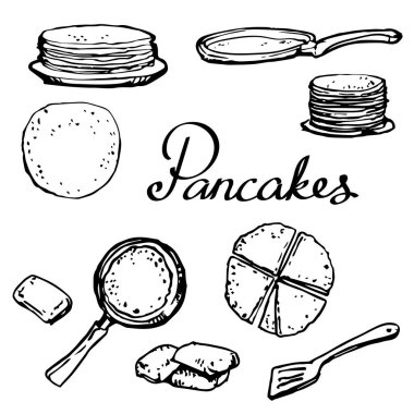 Krep ve pan çizilmiş vektör doodle illüstrasyon set, hat sanat tasarım kitap sayfa boyama için el