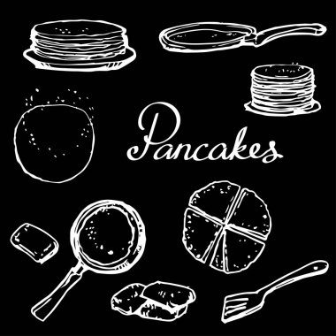 Krep ve pan elle çizilmiş vektör doodle resimde beyaz yazı tahtası üzerinde ayarla