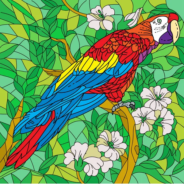 Папуга Ара Зелених Тропічних Джунглях Кольоровий Фон Векторні Ілюстрації Розмальовки — стоковий вектор