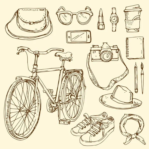 Καλοκαίρι Δρόμου Συλλογή Σετ Ταξιδιού Ρετρό Ποδήλατο Φωτογραφική Μηχανή Τσάντα — Διανυσματικό Αρχείο
