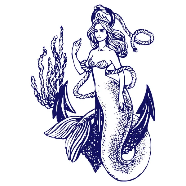 Sirena Con Ancla Dibujada Mano Ilustración Boceto Arte Para Colorear — Vector de stock