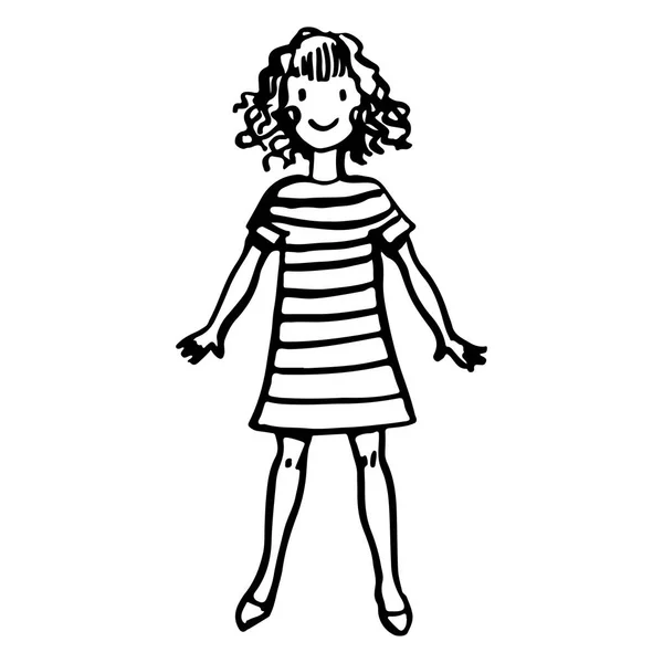Uśmiechnięte Dziewczyny Sukni Ręcznie Rysowane Doodle Linii Sztuka Wektor Szkic — Wektor stockowy