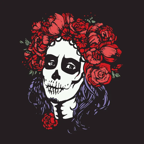 サンタムエルテの女性は メイクアップ 花の花輪と砂糖頭蓋骨少女顔 手描きのベクトル図 タトゥー スケッチ — ストックベクタ