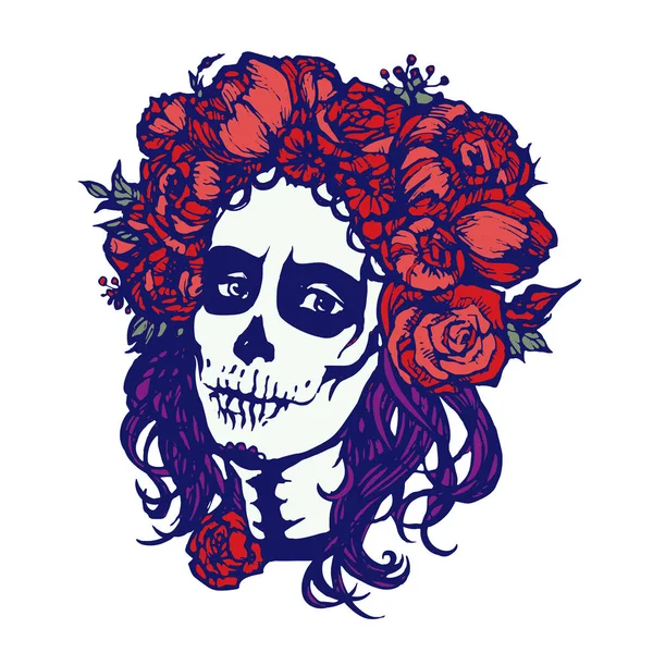 Santa Muerte Γυναίκα Μακιγιάζ Ζάχαρη Πρόσωπο Κορίτσι Κρανίο Λουλούδια Στεφάνι — Διανυσματικό Αρχείο