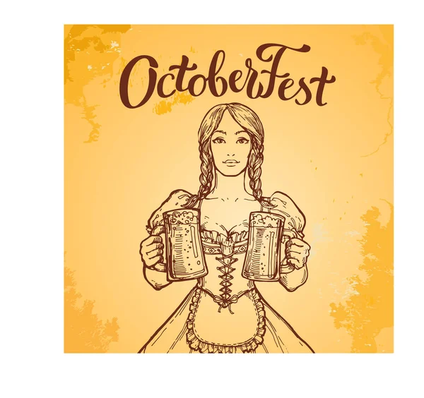 Sexy Blonde Junge Frau Kleid Mit Bierkrügen Oktoberfest Handgezeichnete Vektorillustration — Stockvektor