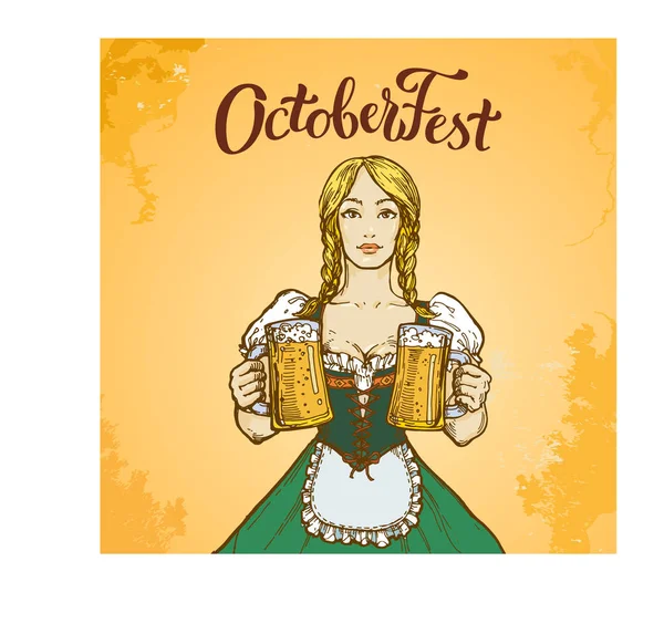 Sexy Blonde Junge Frau Kleid Mit Bierkrügen Oktoberfest Handgezeichnete Vektorillustration — Stockvektor