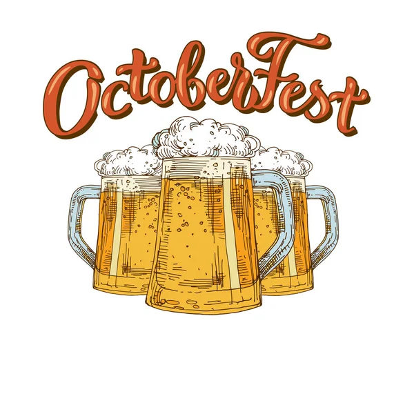 Cam bardağı bira köpük ve yazı metni Octoberfest jn beyaz arka plan ile. Çizilmiş çizgiyi sanat hisse senedi vektör çizim el.