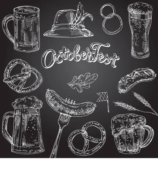 Set Garabatos Octoberfest Con Vaso Cerveza Tazas Pretzel Salchicha Sombrero — Vector de stock