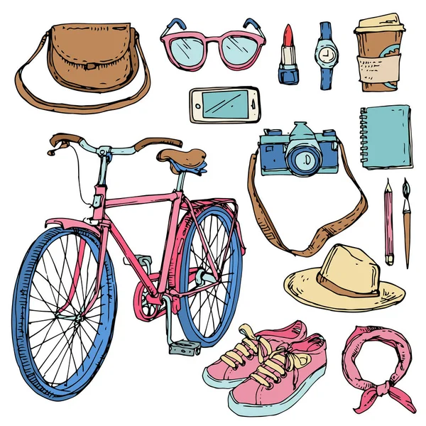 Summer Travel Street Collection Set Retro Bike Camera Bag Sun — Stock Vector