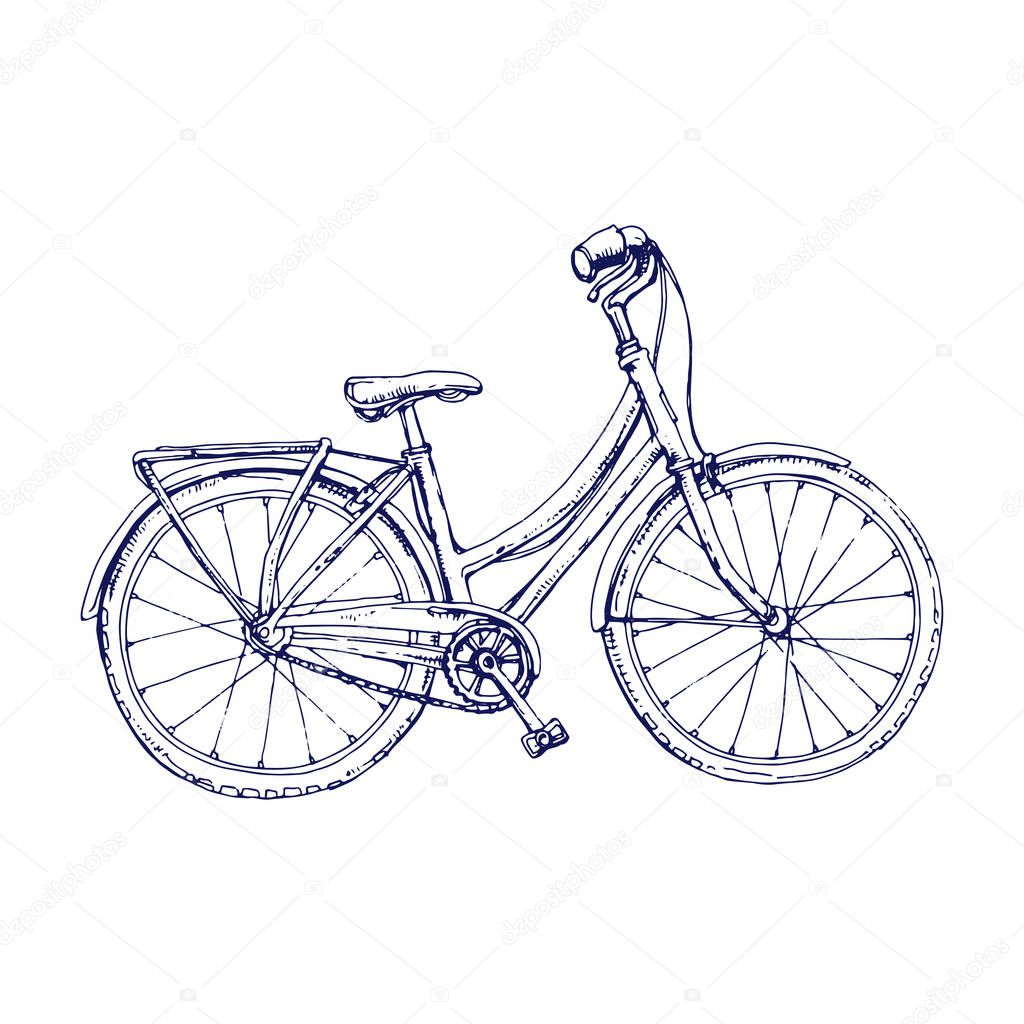 Vintage bycicle, retro bike hand drawn ink sketch line art stock vector illustration isolated on white background, design for coloring book page