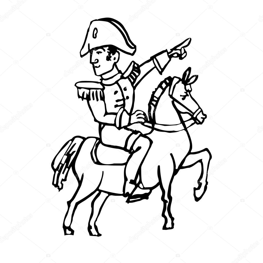 Napoleon Bonaparte the general on horse shows a hand forward ink drawn doodle line art vector sketch icon illustration on white background