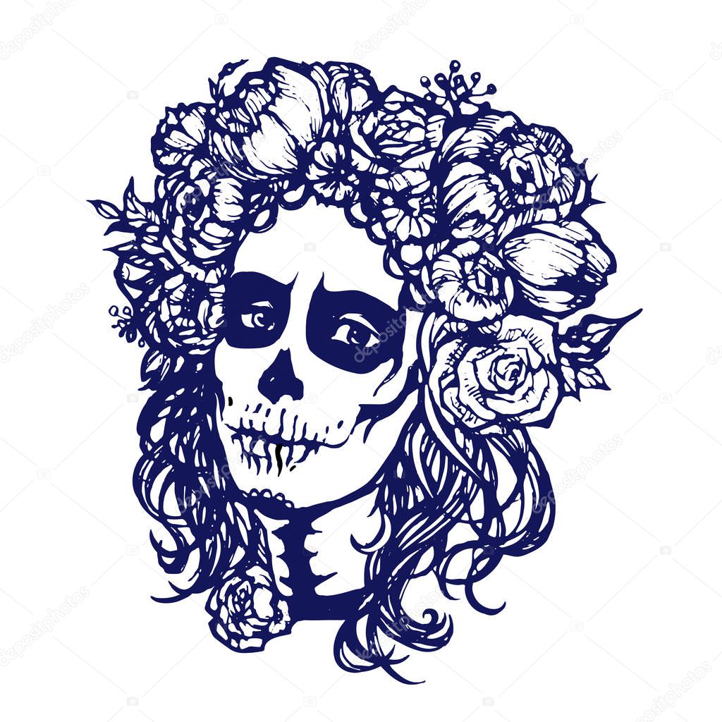 Santa Muerte woman make up. Sugar skull girl face with flowers wreath. Hand drawn vector illustration, tattoo sketch