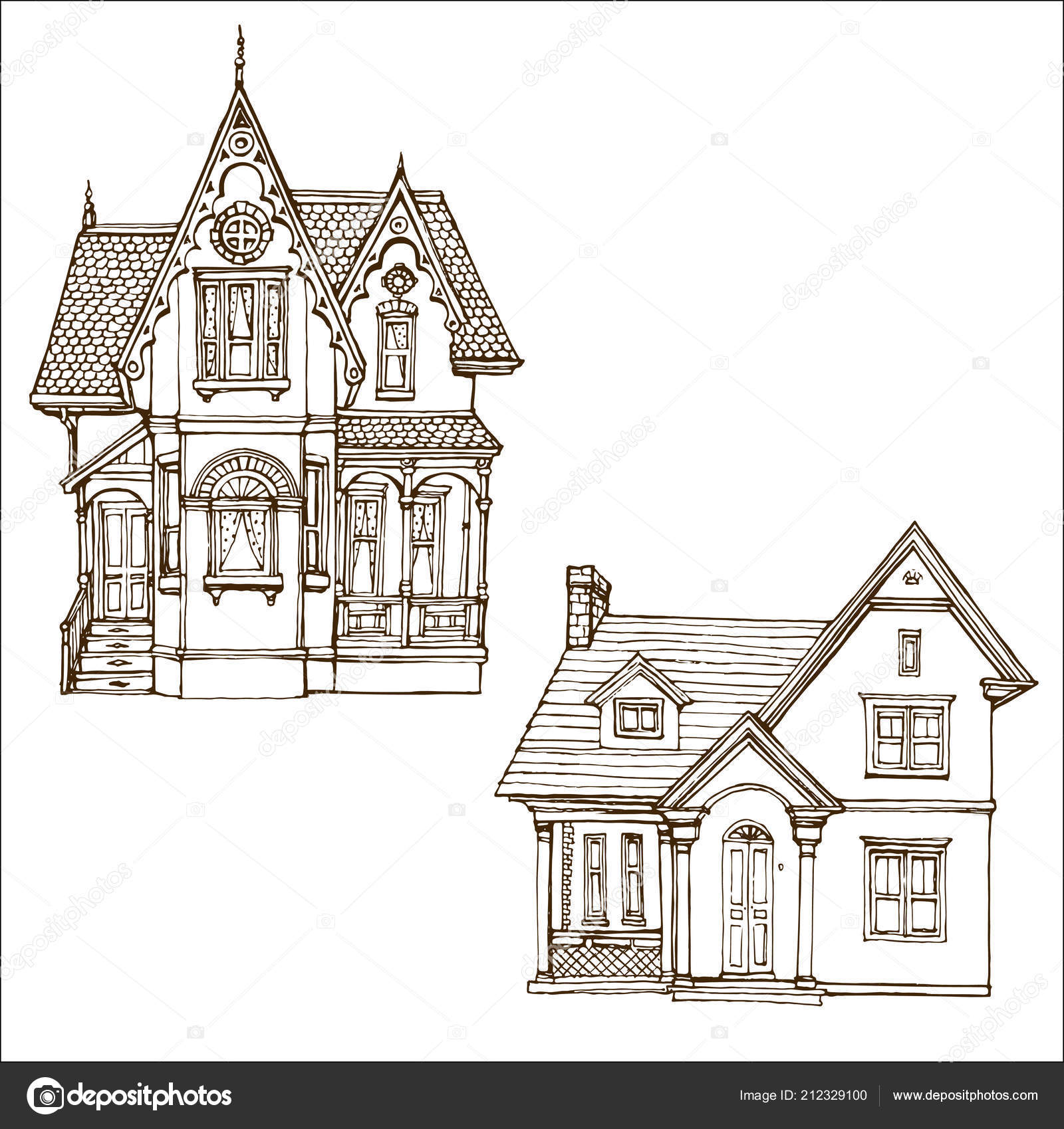 Victorian Cute Little  Houses  Set Outline Ink Drawn 