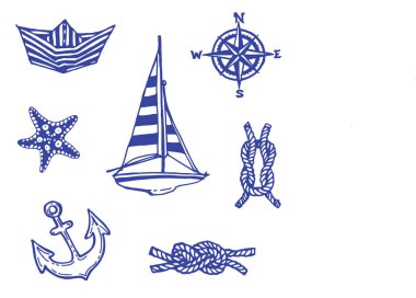 Deniz seyahat öğeleri koleksiyonu doodle kümesi el çizilen mürekkep illüstrasyon, tekne, yat, deniz düğüm, çapa, pusula