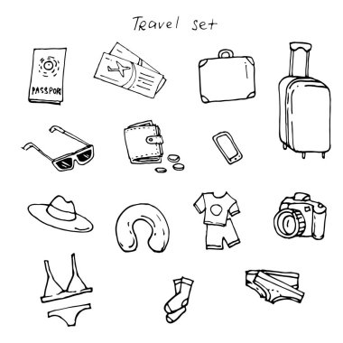 Doodles'ın yaz seyahat Icon set mürekkep el çizilmiş kroki pasaport, Bilet, çanta, giyim, kitap sayfa boyama için kamera işareti koleksiyonu vektör tasarımı