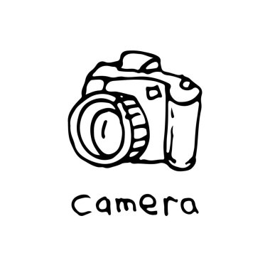 Fotoğraf kamera simgesi mürekkep el çizilmiş kroki anahat siyah beyaz vektör tasarımı için kitap sayfa boyama doodle