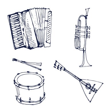 Akordeon, davul, balalayka, trompet müzik aletleri set mürekkep el çizilmiş doodle kroki simgesi anahat izole kitap sayfa vektör Illustration boyama