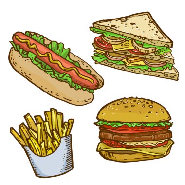 Fast food elle çizilmiş hisse senedi vektör illüstrasyon izole. Sandviç, sosis, patates kızartması, hamburger Renk eskiz.