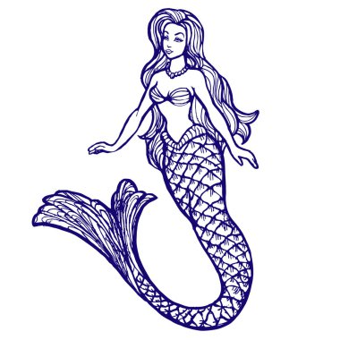 Kitap sayfa boyama için beyaz arka plan üzerinde uzun saç hat sanat mürekkep çizilmiş vektör illüstrasyon izole ile deniz kızı