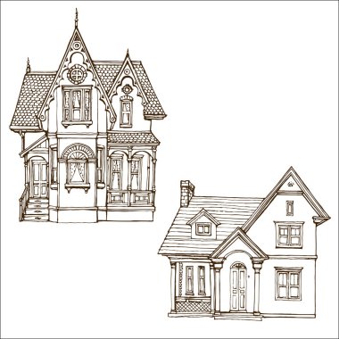 Victoria şirin küçük çizilmiş ayarla anahat mürekkep boyama kitabı sayfası hisse senedi vektör çizim evler