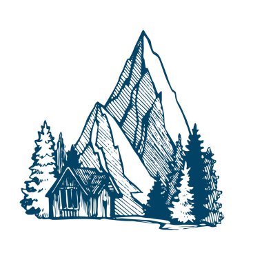 Dağ evi ile çizilmiş çizgiyi sanat mürekkep sketch vektör çizim el