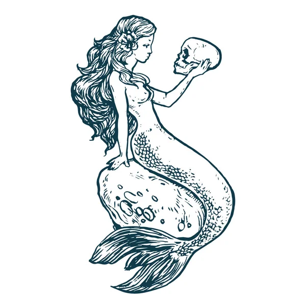 Güzel Genç Deniz Kızı Kafatası Mürekkep Anahat Ile Çizilmiş Hisse — Stok Vektör