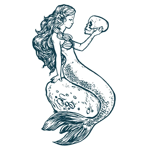 Hermosa Joven Sirena Con Contorno Tinta Del Cráneo Dibujado Mano — Vector de stock