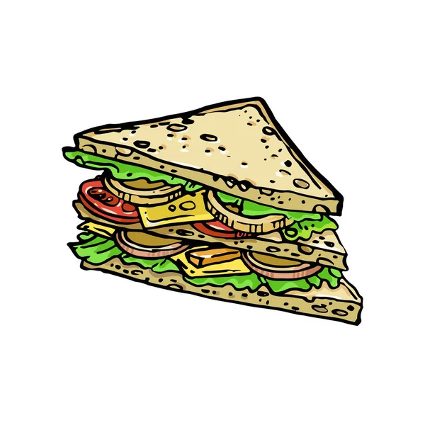 ファーストフードの手には 株式のベクトル図が描かれました サンドイッチ分離色スケッチ — ストックベクタ