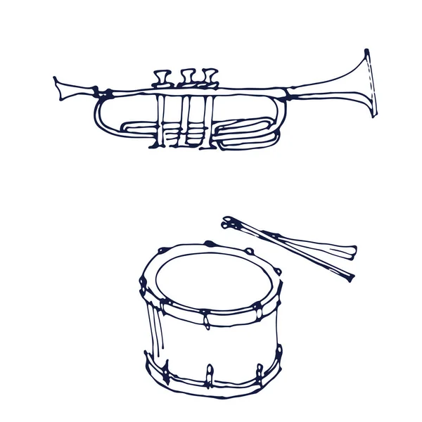 Tromba Tamburo Strumenti Musicali Set Inchiostro Disegnato Mano Doodle Schizzo — Vettoriale Stock
